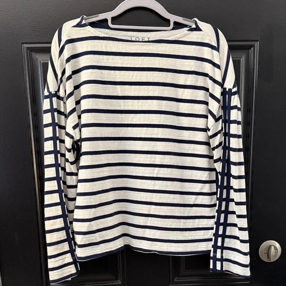 LOFT Women's Navy and White Striped Long-Sleeve Top - Picture 1 of 6